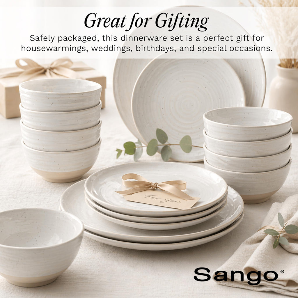 Siterra 16-Piece Rustic White Stoneware Dinnerware Set - Service for 4, White with Glossy Speckle Overlay