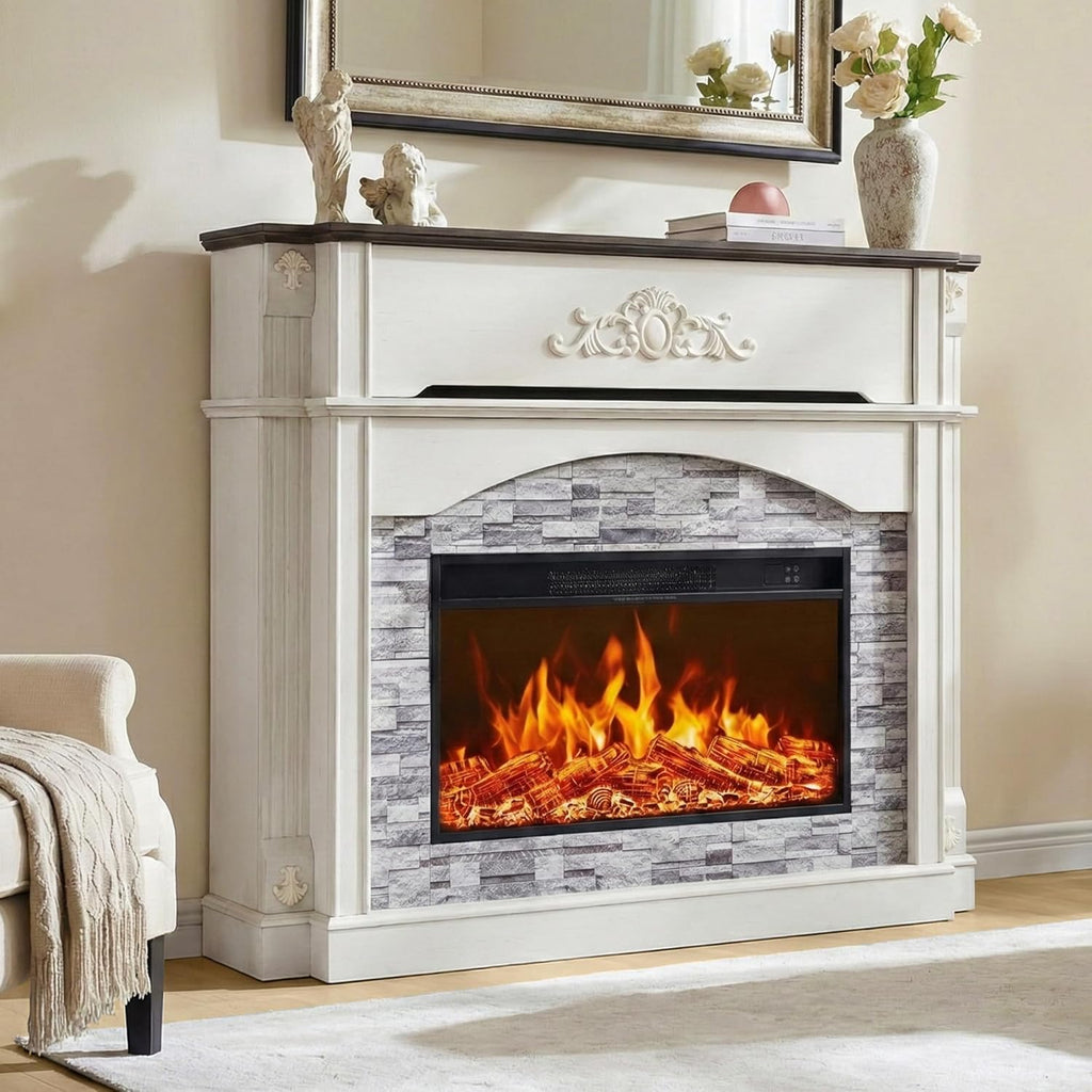 51" Electric Fireplace with Mantel, 45" Tall Carved Farmhouse Entertainment Center TV Stand with Storage Cubby and