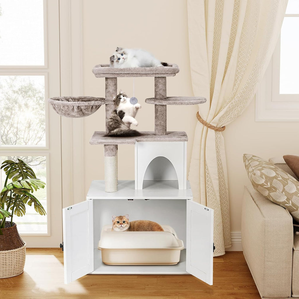 Cat Litter Box Enclosure with Cat Tree Tower and Condo, Hidden Washroom Furniture with Sisal Scratching Post and Soft