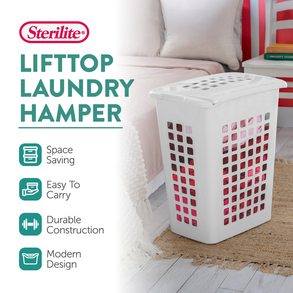 Rectangular LiftTop Plastic Laundry Hamper, White, 4 Pack