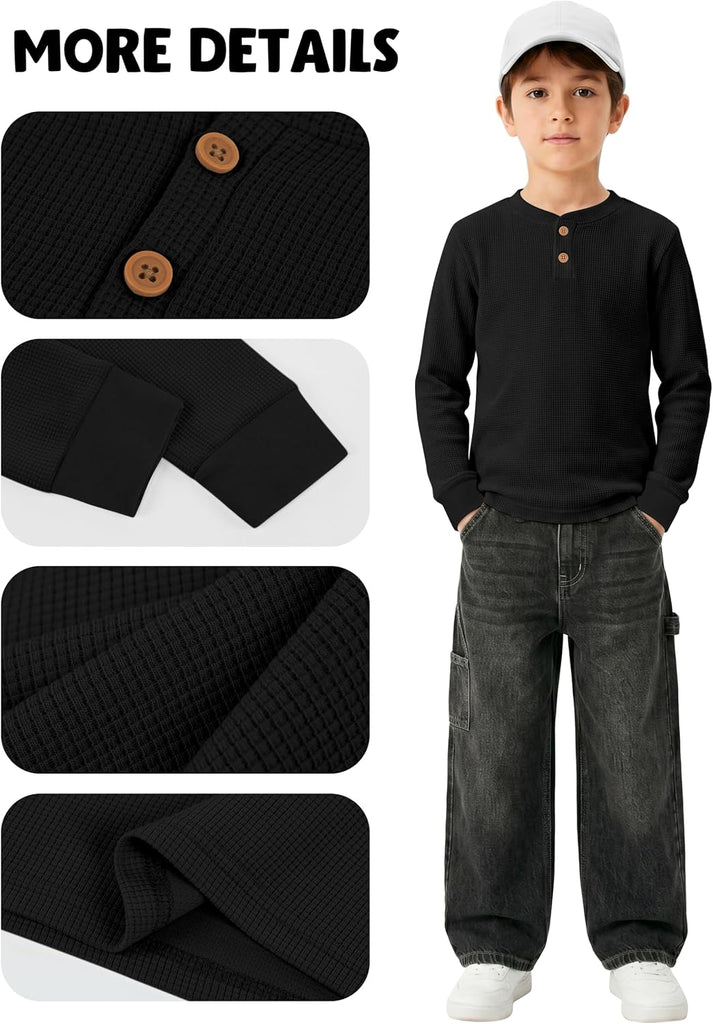 Boys Henley Long Sleeve Soft Boys Long Sleeve Shirts Waffle Thermal Henley T-Shirts Fall Base Layer Tees for Kids