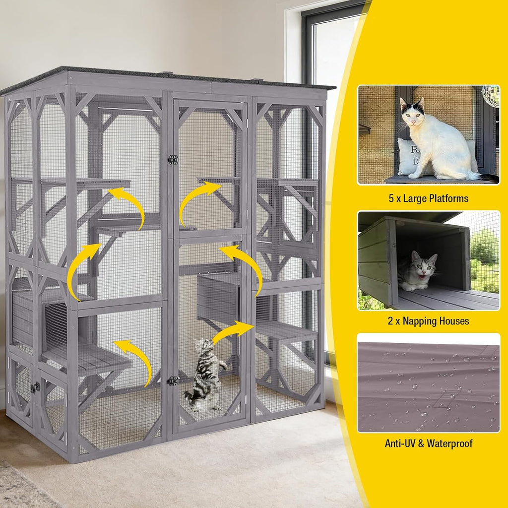 Large Wooden Catio Outdoor Cat Enclosure, Walk-in Kitty Condo with 7 Climbing Platforms, 2 Napping Houses, Expandable