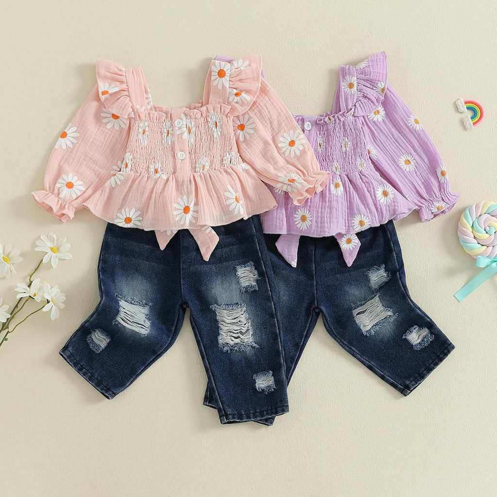 Toddler Baby Girl Clothes Linen Smocked Daisy Flutter Top Jeans Denim Pants Set Little Girls Fall Winter Ruffle Outfit