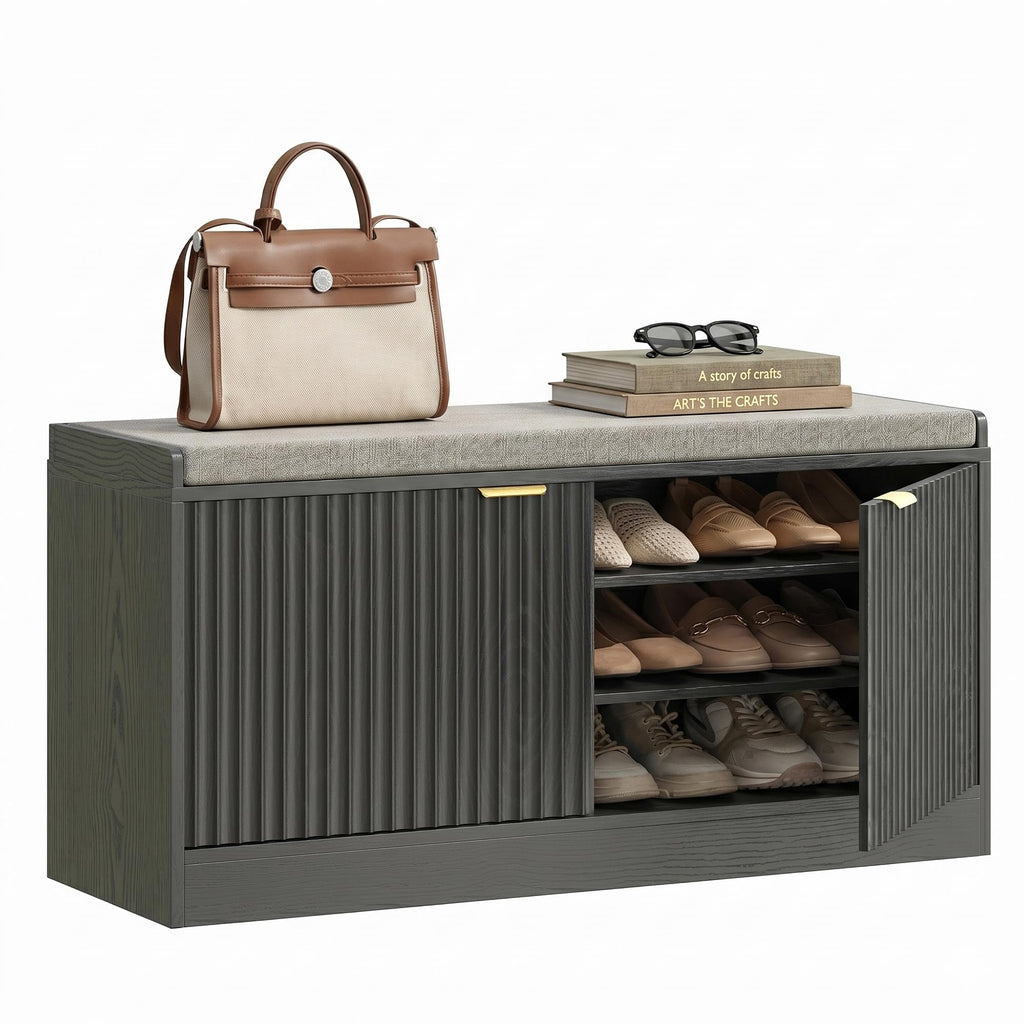 2-Tier Fluted Shoe Storage Bench with Adjustable Shelves and Cushion, Black丨Entryway Shoe Bench Hidden Shoe Cabinet