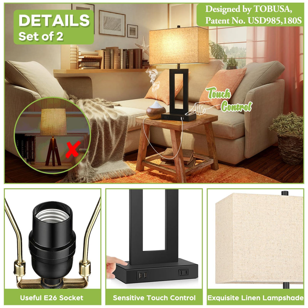 22" Table Lamp Set of 2, Modern Nightstand Lamp with 2 USB Ports