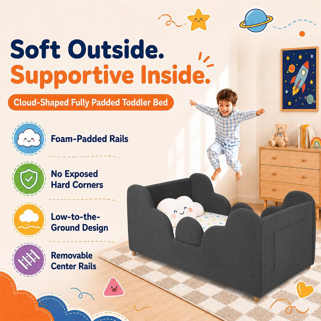 Toddler Floor Bed, Soft Montessori Bed with Removable Rails