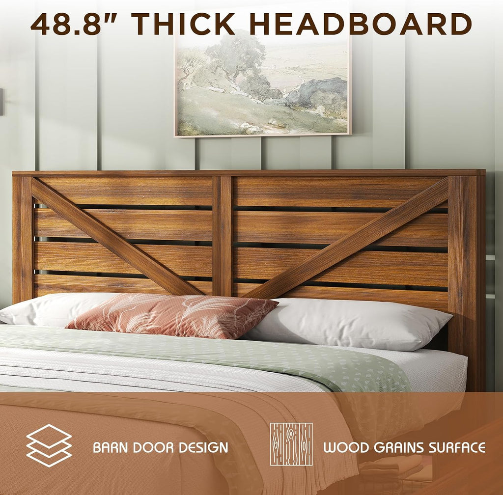 48.8" H Queen Bed Frame with 4 Storage Drawers, Farmhouse Platform Bed with Barn Door Headboard, Rustic Wood Grain