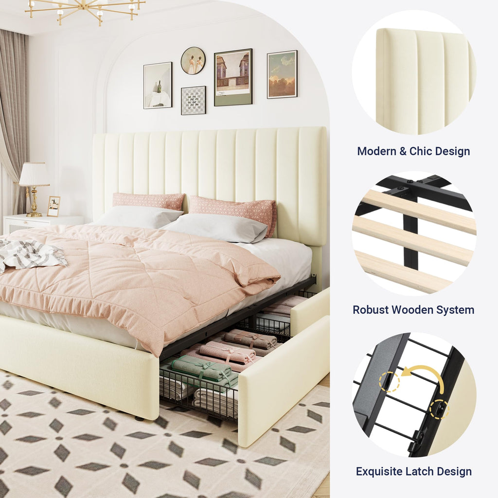King Size Storage Bed Frame, Vertical Channel Tufted Adjustable Headboard, Velvet Upholstered Platform Bed with 4