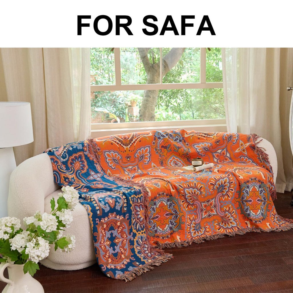 Boho Twin Throw Blanket, 100% Cotton, 60x80 Inches, 1 Piece Soft Lightweight Breathable, Reversible Patterned Tassel