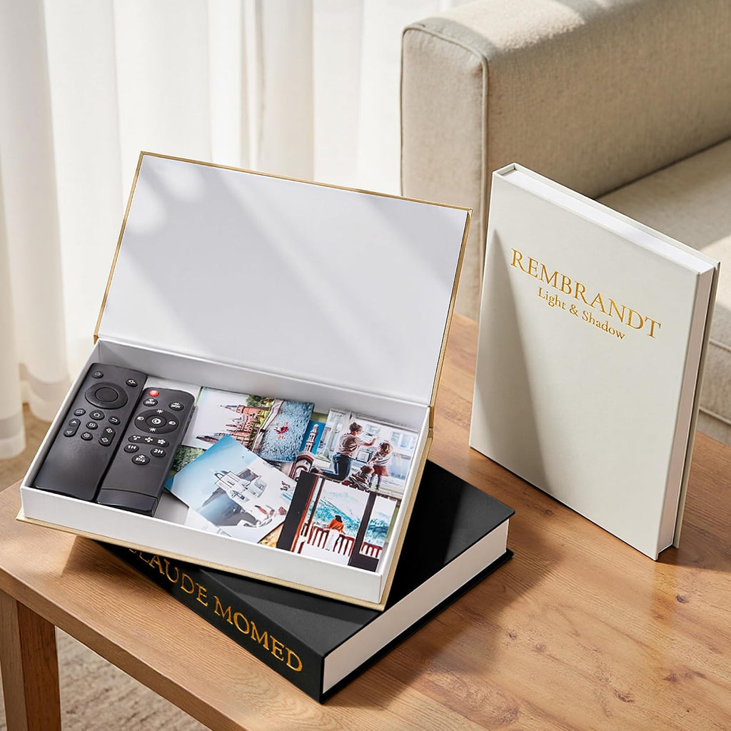 Aesthetic Decorative Books, Set of 3 Linen Faux Book Boxes, Black | Stylish Storage Boxes Decor, Photo Organization