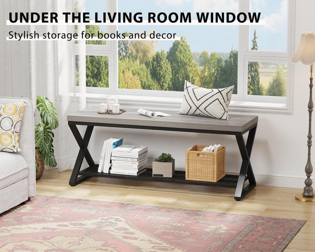 Grey Entryway Bench with Storage, 47" Indoor Shoe Bench with Seating, Modern Storage Benchs Foyer Entrance, Wood and