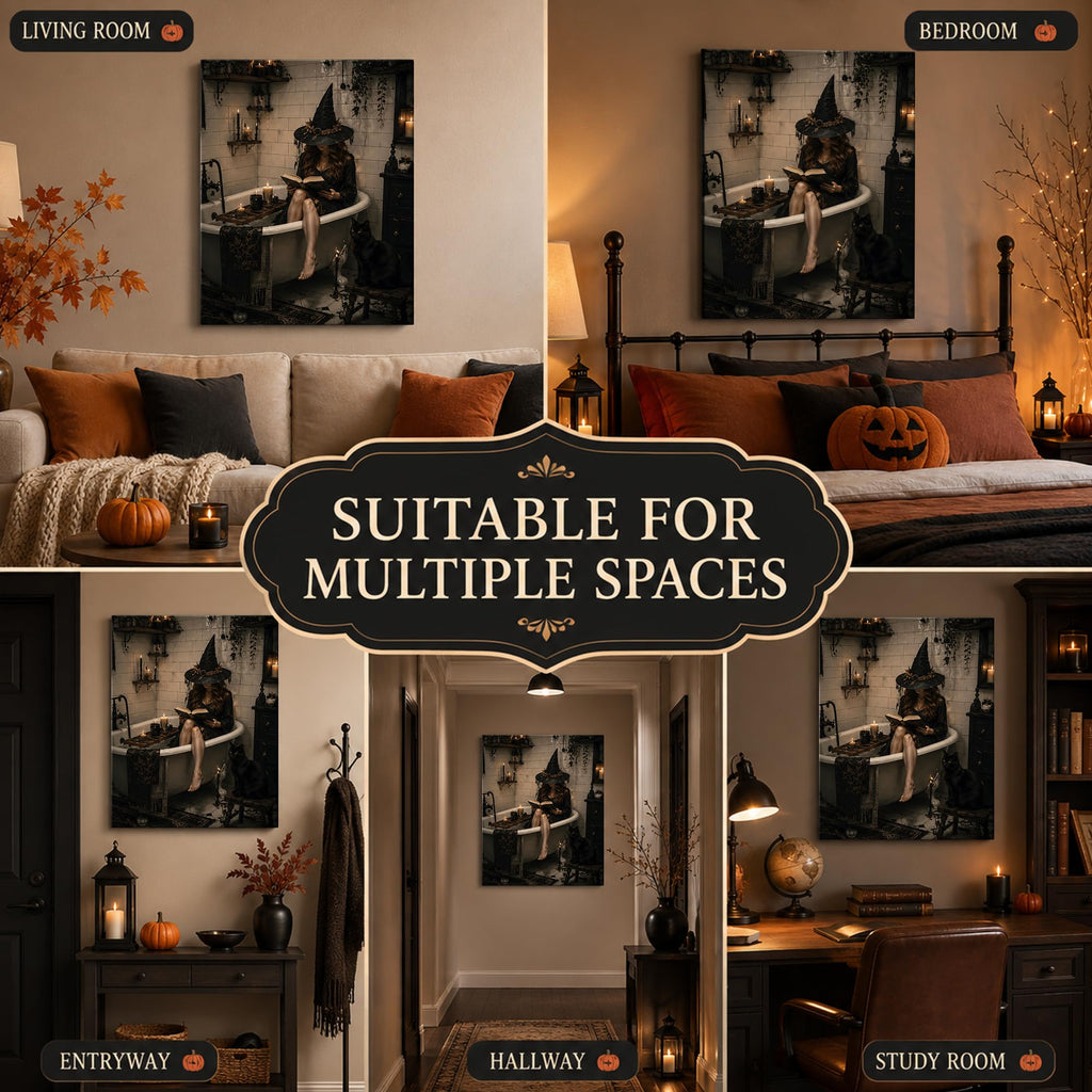 Halloween Canvas Wall Art, Witch in Bathtub with Cat Halloween Pictures
