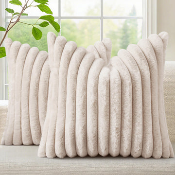 Fall Faux Fur Throw Pillow Covers 18x18 Set of 2 Beige