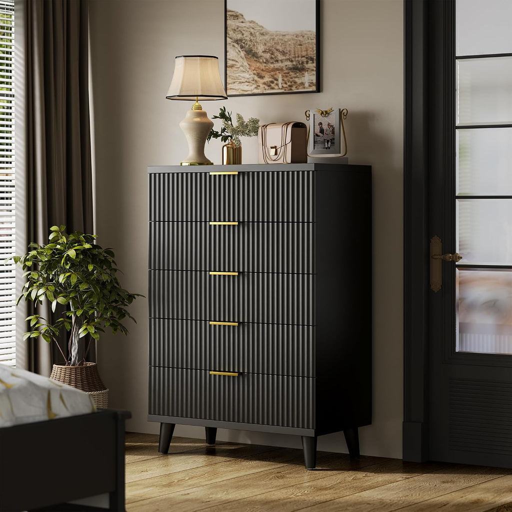 Black Dresser Wood Tall Dressers Drawers, Fluted Modern Dresser 5 Drawers Black