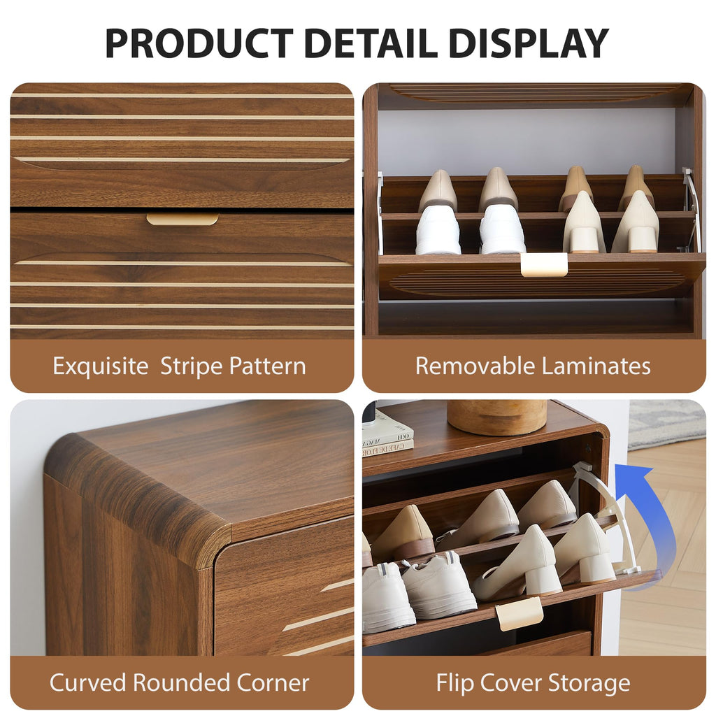 47" Large Shoe Storage Cabinet with 4 Flip Drawer Arched Fluted Pattern, Farmhouse Hidden Narrow Curved Corner Shoe