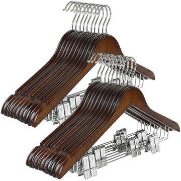 Wooden Suit Hangers with Adjustable Metal Clips (20 Pack), Solid Wood Clothes Hangers, 360° Swivel Hook, Premium