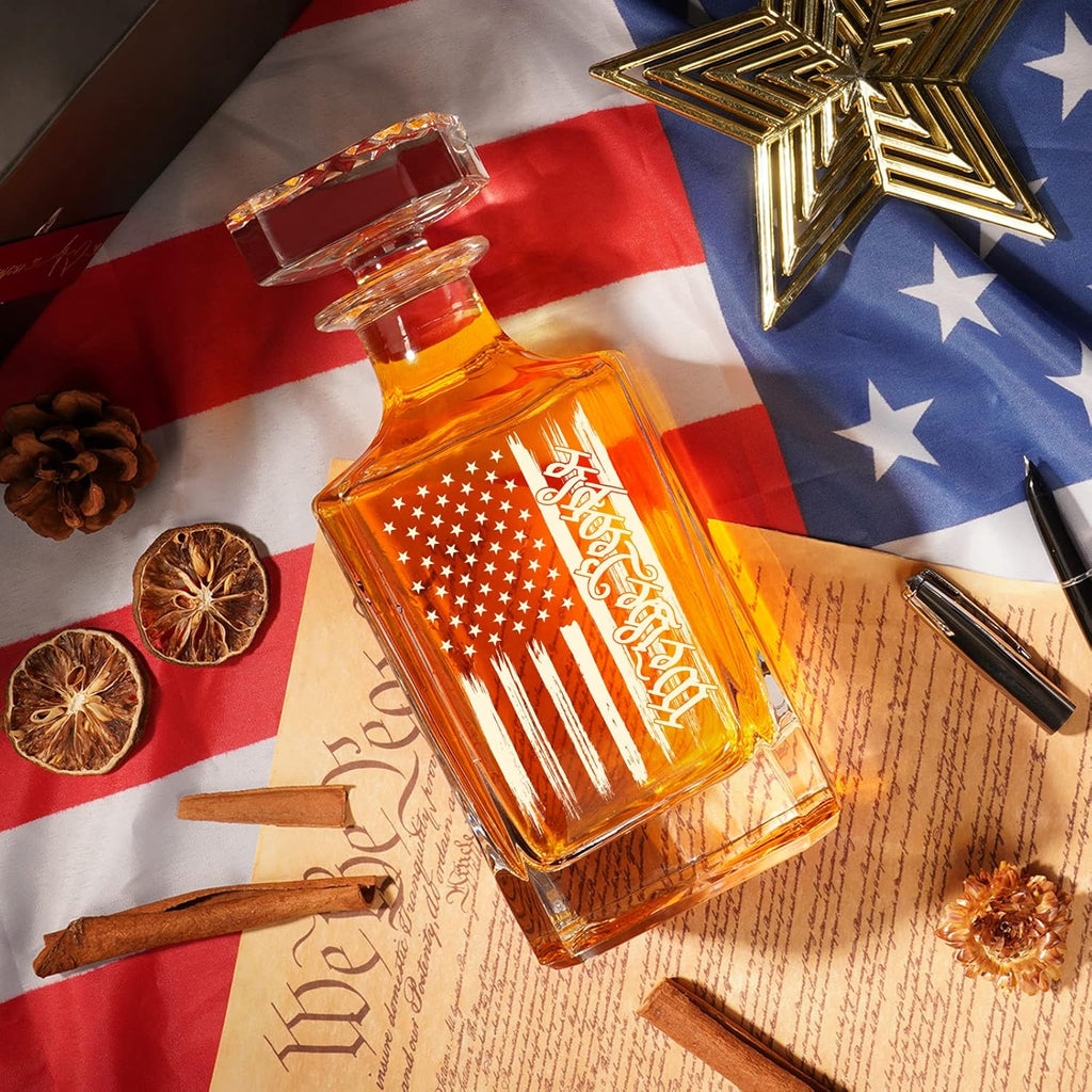 Whiskey Decanter Engraved We The People American Flag, 750ml Whiskey Decanter Set with 2 Glasses, Fathers Day