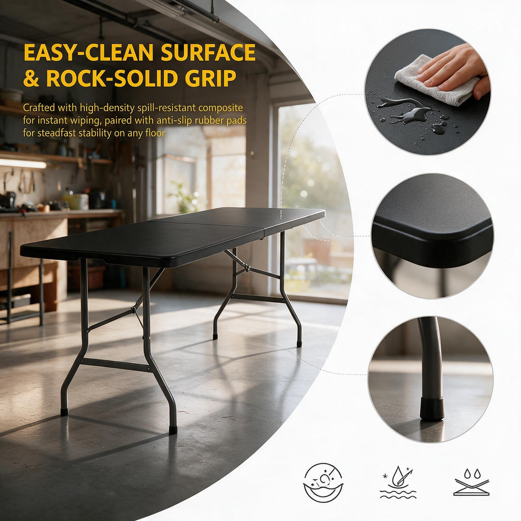 8 FT Folding Table with Built-in Handle and Steel Legs Black
