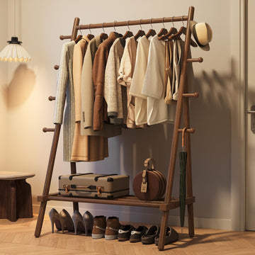 Solid Wood Clothes Rack - Heavy Duty Clothing Racks for Hanging Clothes with 8 Hooks, Portable Garment Rack for Dress