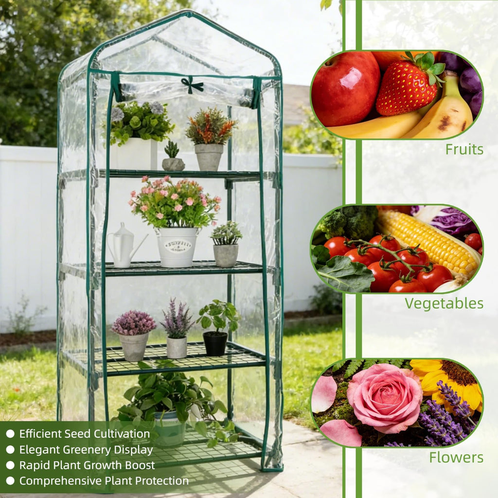 Mini Greenhouse for Indoor Outdoor, Small Plants Green House with 4 Tier Shelves, Portable Plastic Greenhouses with
