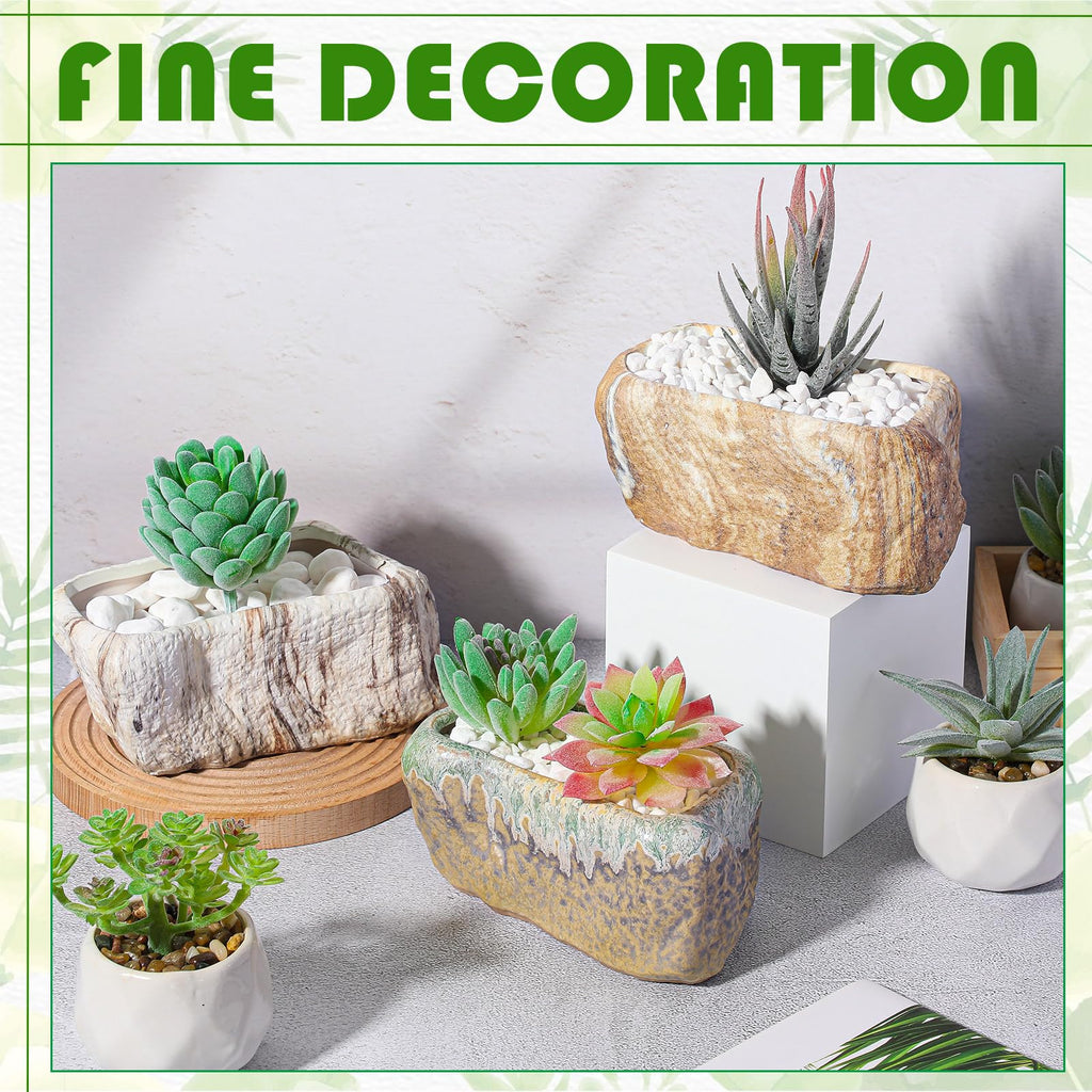 6 Pcs 5.3 Inch Ceramic Succulent Pots Stone Shape Bulk Rectangle Window Box Cactus Plant with Drainage Hole Succulent