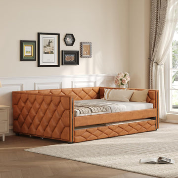 Full XL Size Upholstered Daybed with Pop Up Trundle, Multi-Functional PU Leather Sofa Bed with Backrest and Two