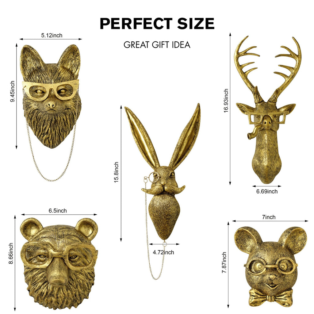 5 PCS Animals Head Wall Art Sculptures 17 inchs Gold Office Vintage 3D Wall Decor Art for Whimsigoth Home Wall Decor