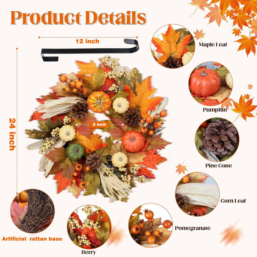 24 Inch Fall Wreaths for Front Door, Autumn Pumpkin Maple Wreath with Hanger