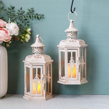 Set of 2 Rustic Decorative Lanterns 10" H Vintage Hanging Lantern Metal Candleholder for Indoor Outdoor, Events