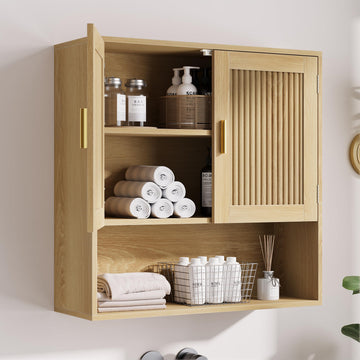 Bathroom Cabinet Wall Mounted, Wooden Medicine Cabinet with Fluted Doors & Adjustable Shelf, Bathroom Cabinet for