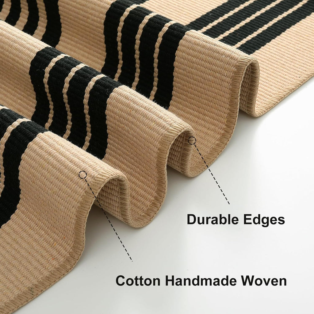 Outdoor Patio Rug 5'x7', Black and Tan Striped Outdoor Rugs Machine Washable Area Rugs Cotton Hand W