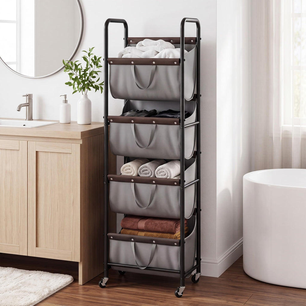 4 Tier Laundry Hamper with Wheels and Removable Bags, Grey