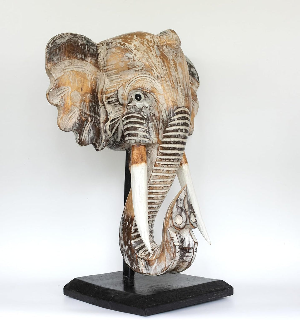 14" Exotic Handcrafted Wooden White Wash Elephant Mask Bust Statue on Stand Sculpture Home Decor Hand Carved Art