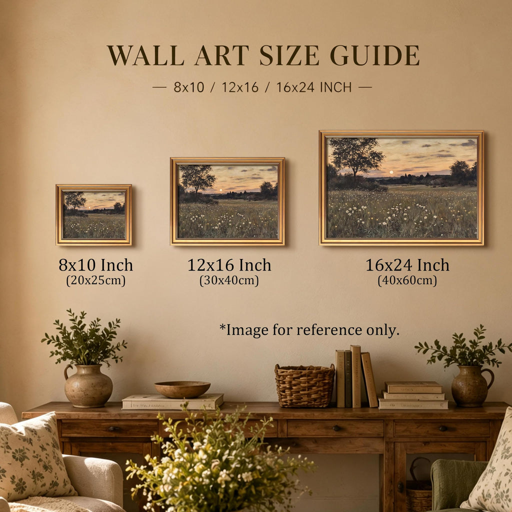 Gold Framed Vintage Landscape Canvas Wall Art, Rustic Wildflower Meadow Poster Painting Print Picture, Countryside