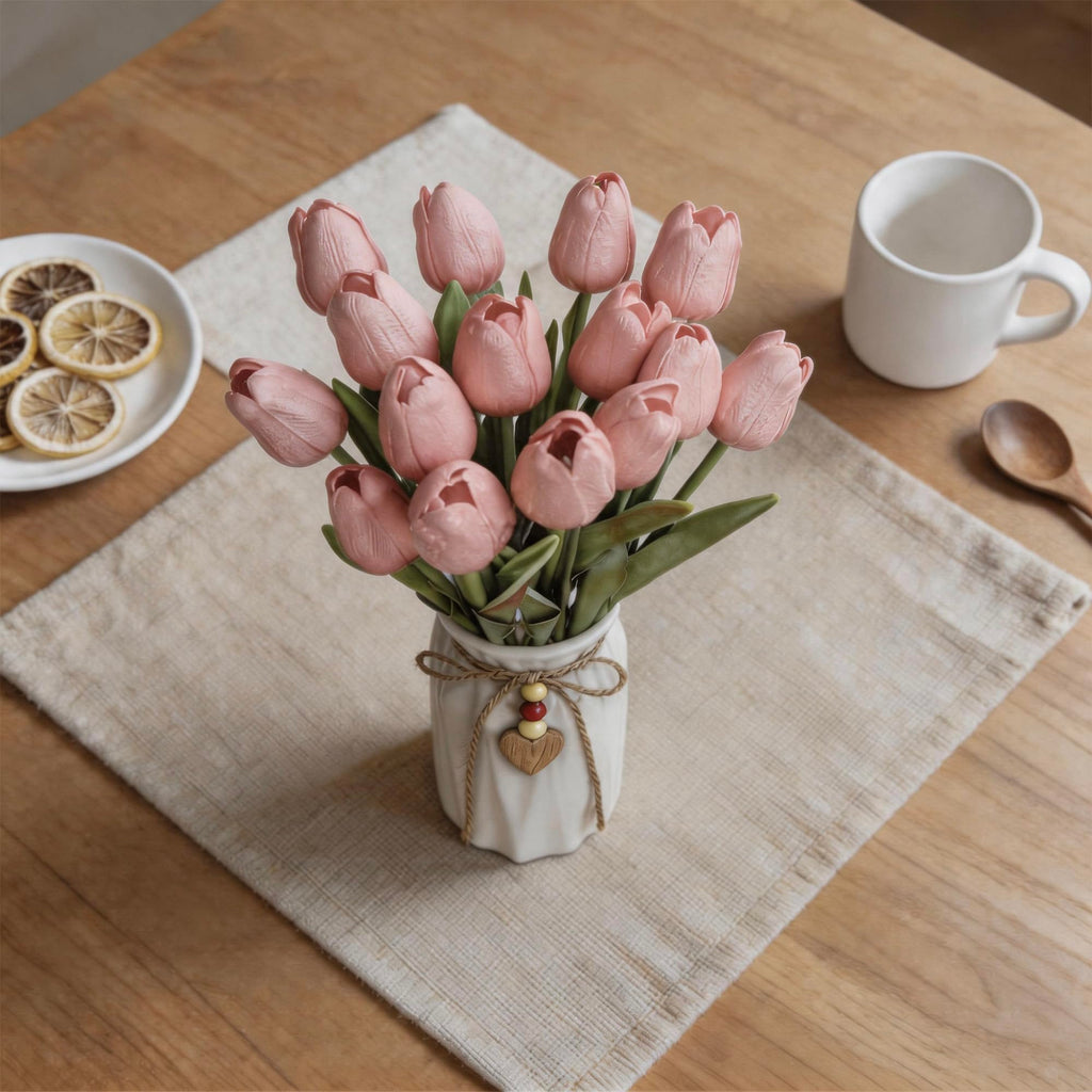 Artificial Tulip Flower Arrangement in Ceramic Vase with Rustic Heart Charm, 15 PCS PU Real Touch Faux Floral Table