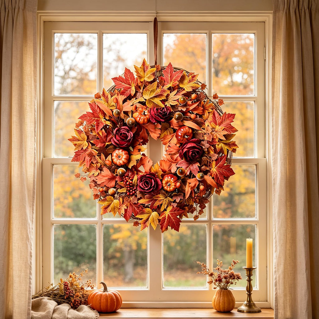 26" Large Artificial Fall Maple Leaves Wreath for Front Door, Autumn Orange