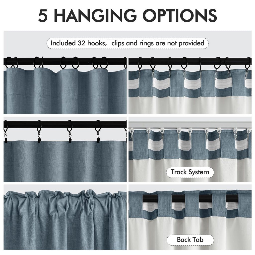 100% Blackout Back Tab Pleat Linen Curtains 50" Wx120 L, Stone Blue