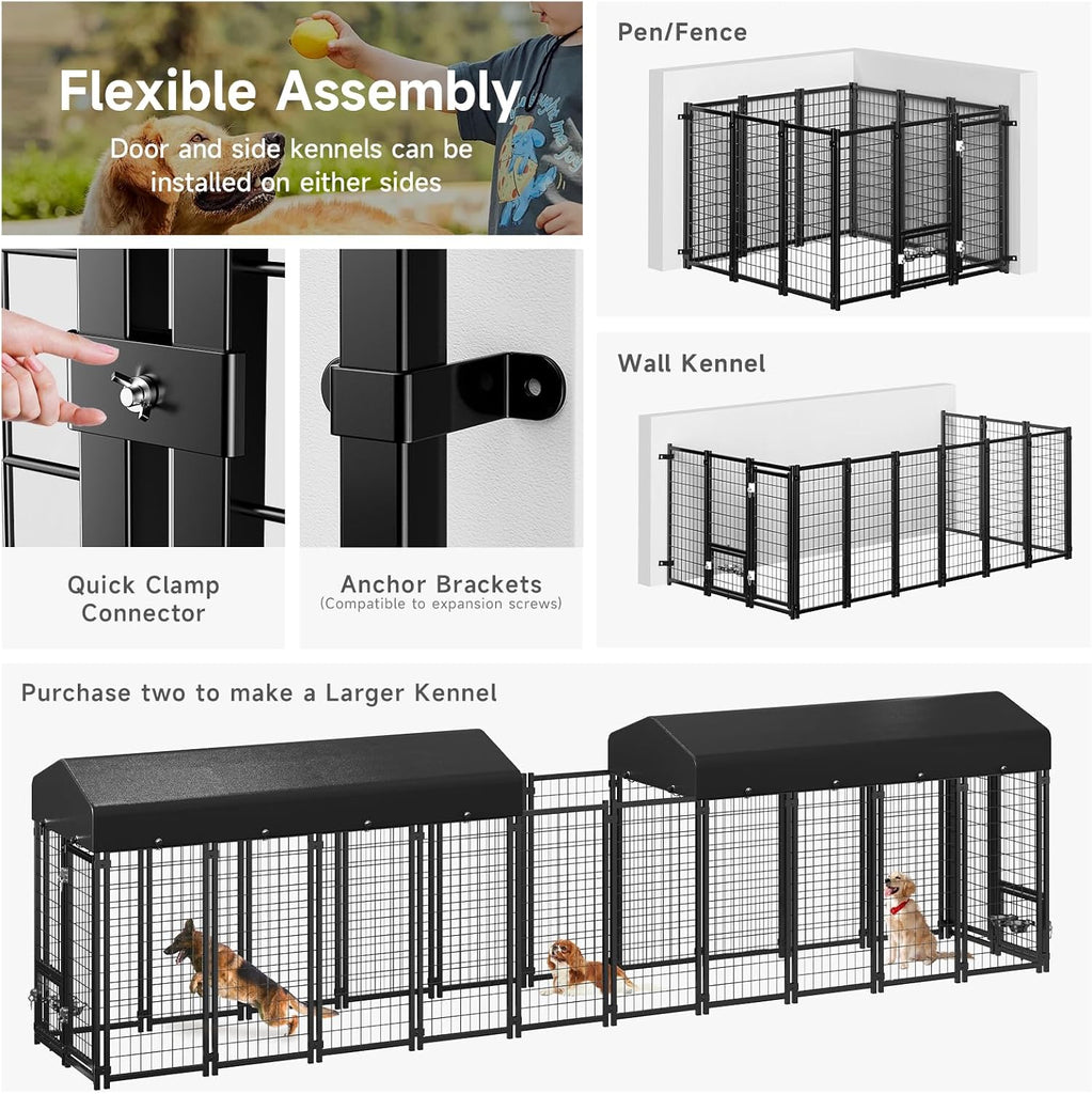 Dog Kennel Outdoor, Large Outside Dog Kennel with Roof & Swivel Feeders/Removable Doggy Door Allow Connecting Your