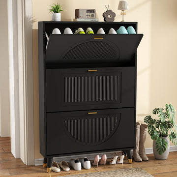 Black Narrow Shoe Cabinet Storage with 3 Flip Drawers