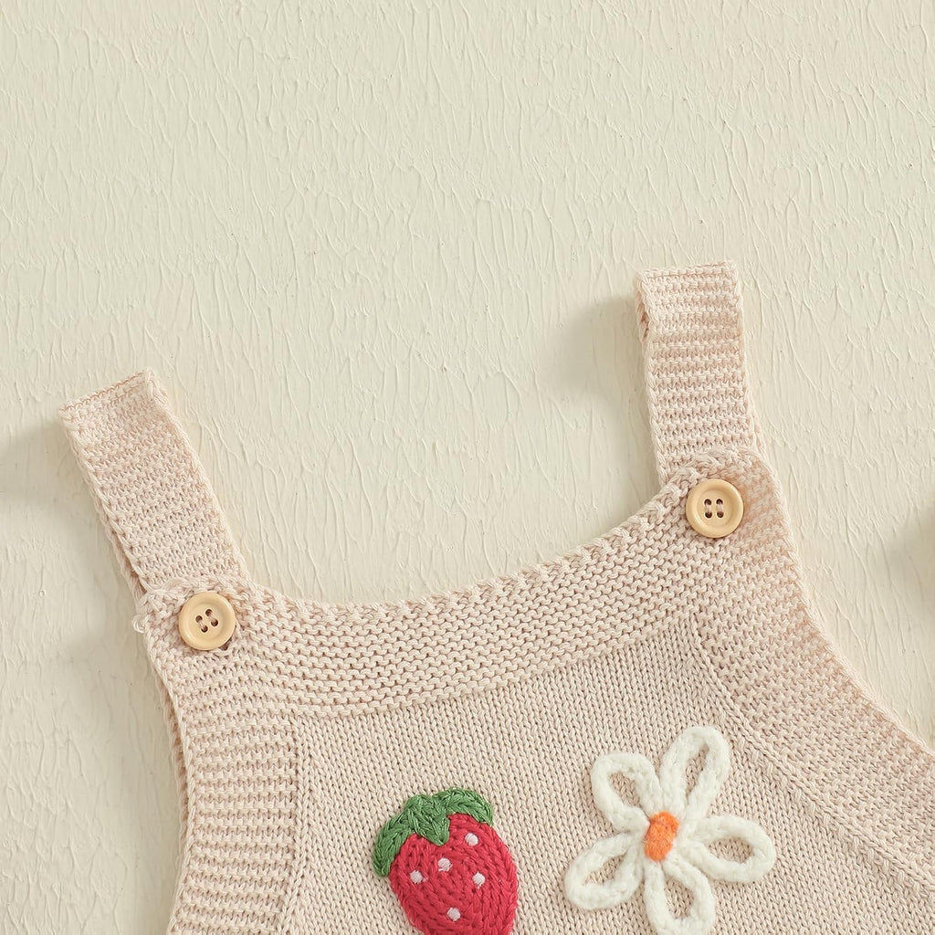 Newborn Infant Baby Girl Clothes Strawberry Embroidery Sleeveless Knit Ruffle Romper Sweater Overalls Bodysuit