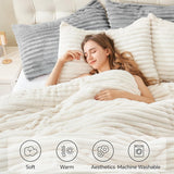 Fleece Queen Comforter Set -Super Soft & Warm Fluffy Cream White Bedding