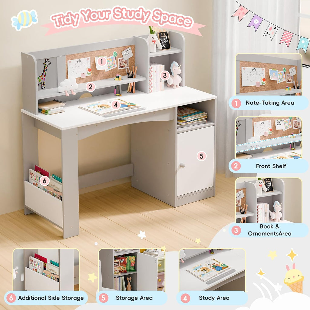 Kids Desk and Chair Set, Wooden Desk for Kids with Tiltable Desktop & Hutch, Kid Desk with Storage Cabinet, Study
