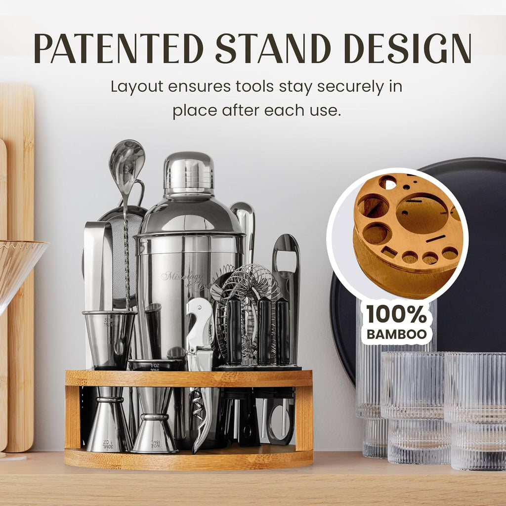 Bartender Kit - 15 Piece Cocktail Shaker Set with Bamboo Stand | Complete Cocktail Kit Gift Set | Top Bartender Gifts