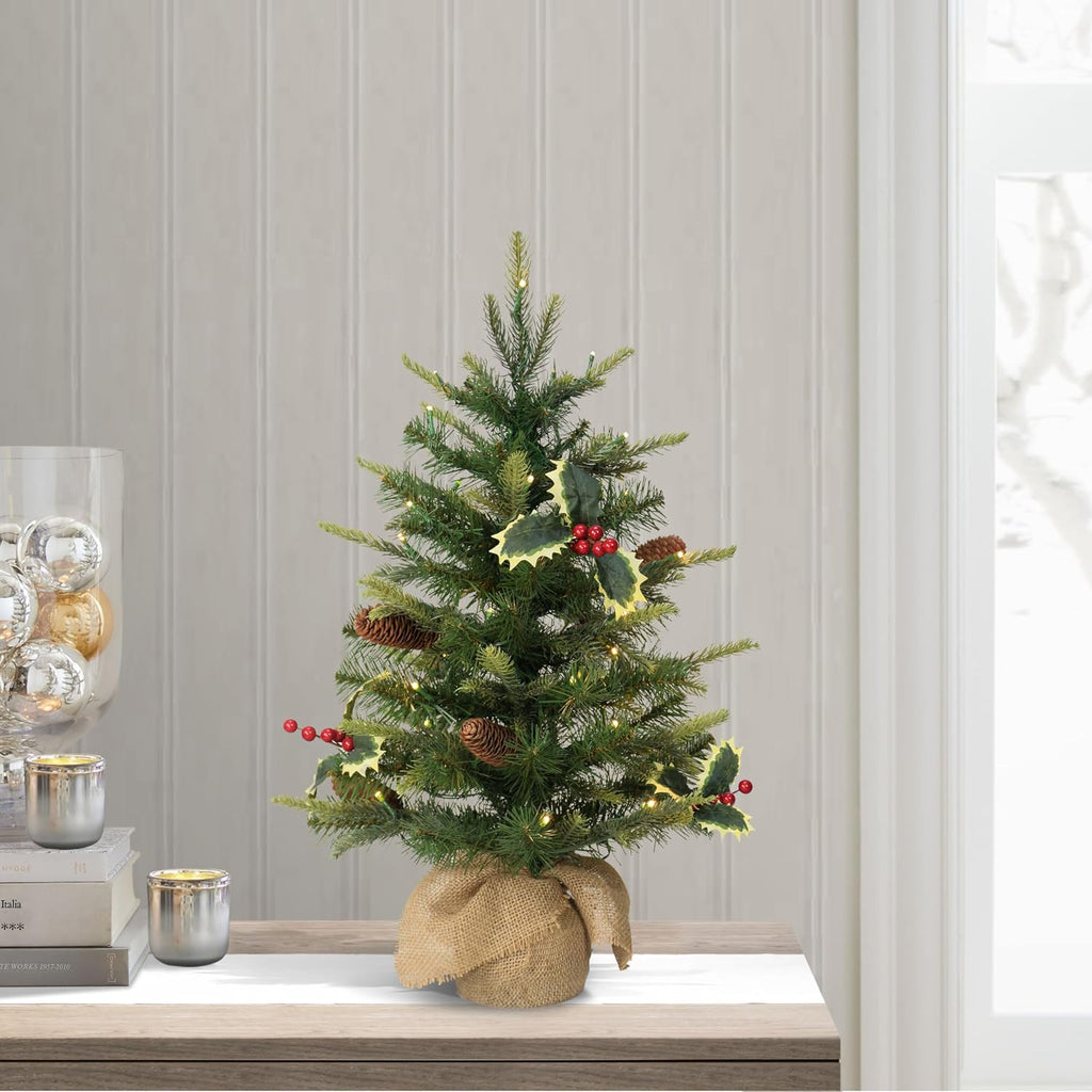 International Pre-Lit 2' Table Top Artificial Christmas Tree with Pine Cones in Tan Sac, Green