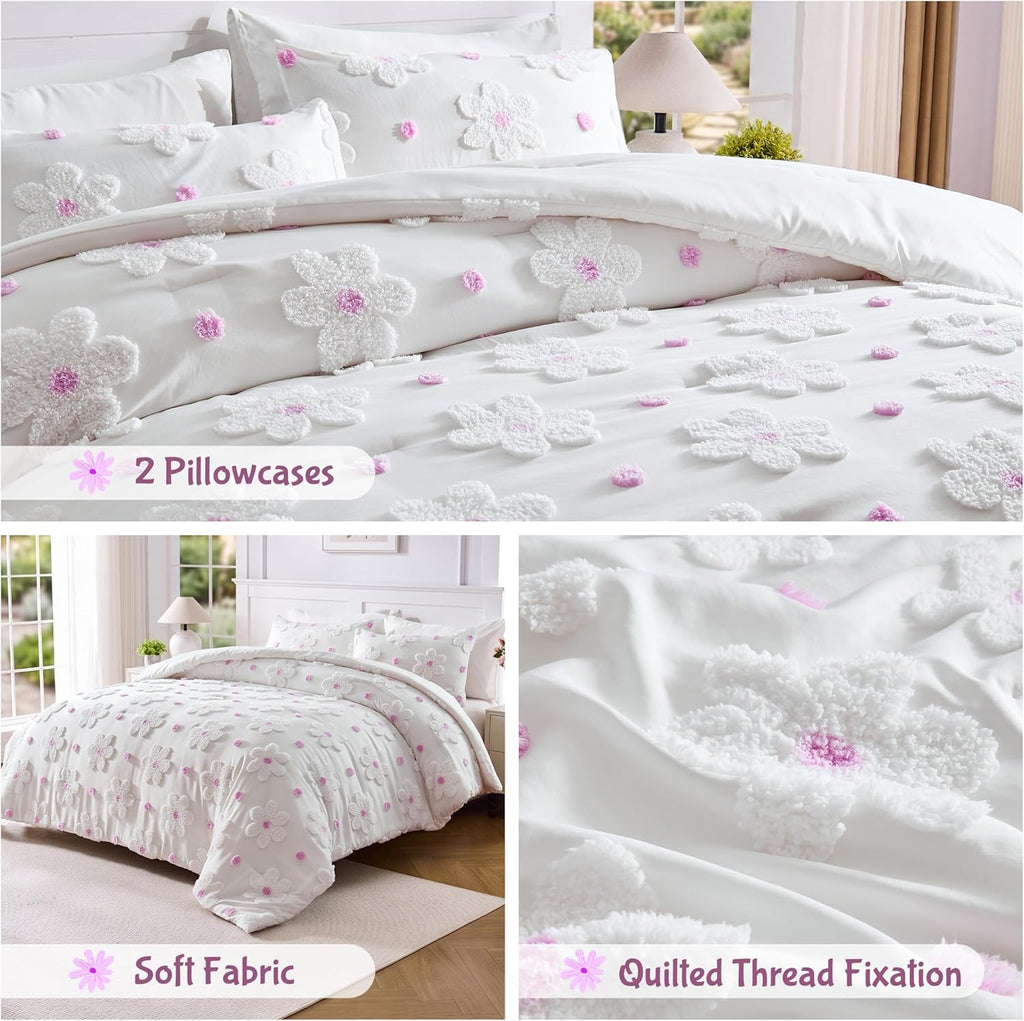 Full Comforter Set for Girls 3 Pieces Soft Pink Tufted Daisies Flowers Bedding Set Bed in A Bag Cute Floral Comforter
