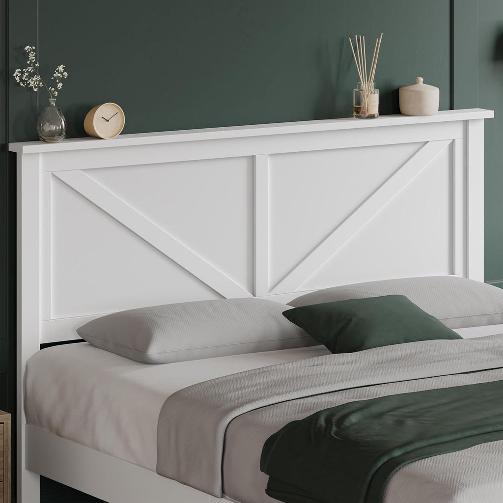 Wood Bed Full, Farmhouse White Rubberwood Platform Bed Frame with V-Designed Headboard, Sturdy Wooden Support Slats