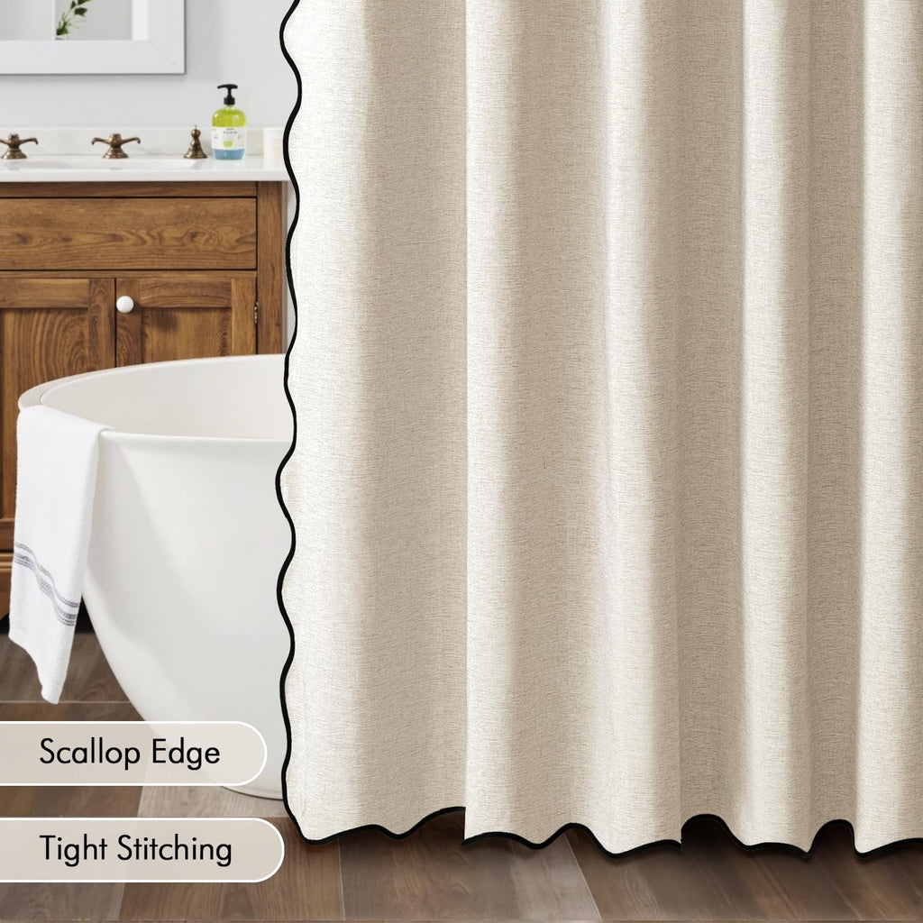 Cream Beige Small Stall Scalloped Linen Shower Curtain 36x72 Inches