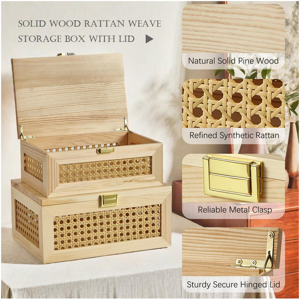 2PCS Decorative Rattan Storage Box Basket with Lid Wooden Frame