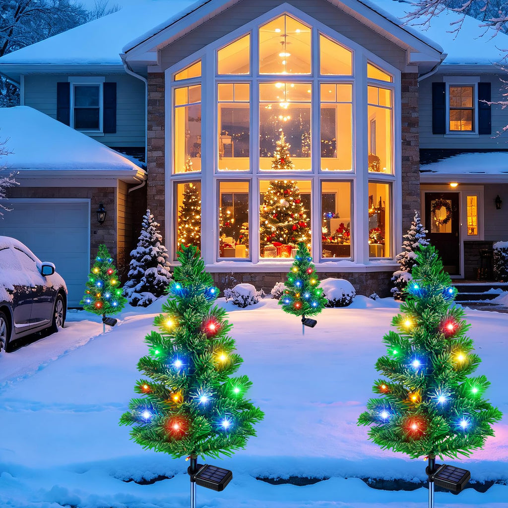 Solar Christmas Tree, 4 Pack Pre-Lit Garden Stake Lights Outdoor Decor