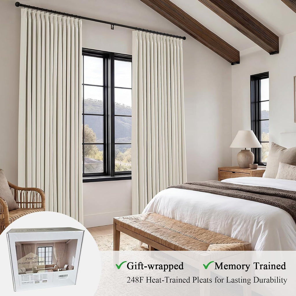 Pinch Pleated Blackout Curtains for Living Room Bedroom,100% Blackout Linen Textured Double Layer Drapes with Rings & Hooks,2 Panels Set,Natural,45" W x 84" L